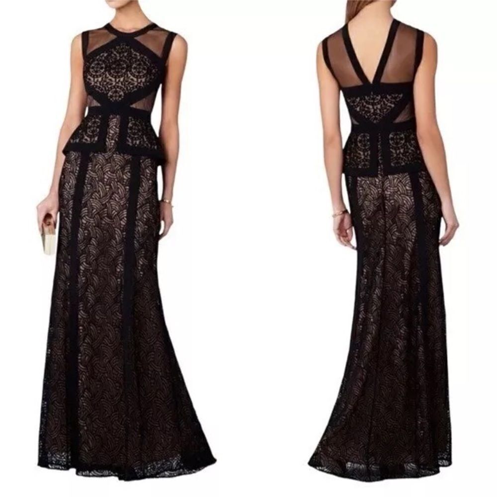BCBG MAX AZRIA Viviana illusion lace peplum gown Black